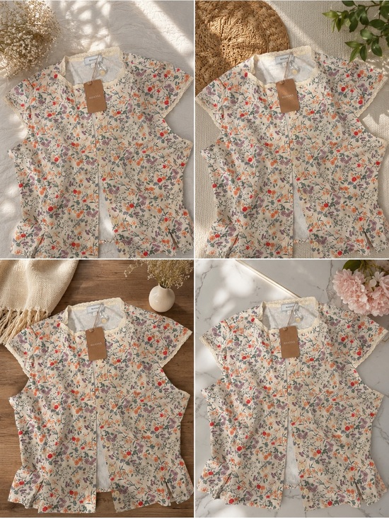 RIHOAS Tops - RIHOAS Cream Floral Short-Sleeve Blouse
